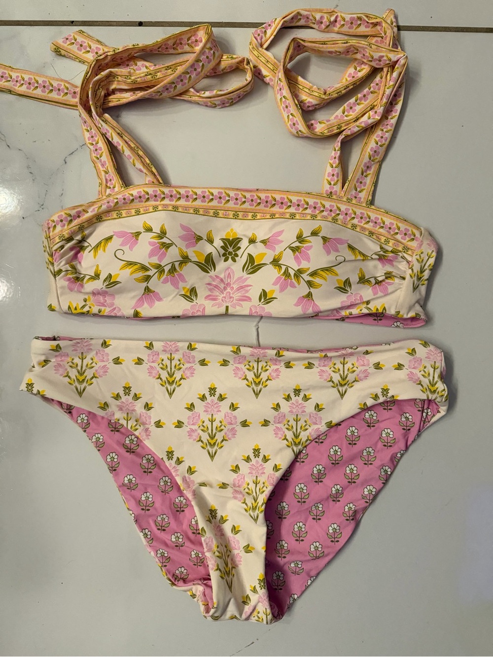 Floral Print Two-Piece Bikini - Pink and Cream REVERSIBLE